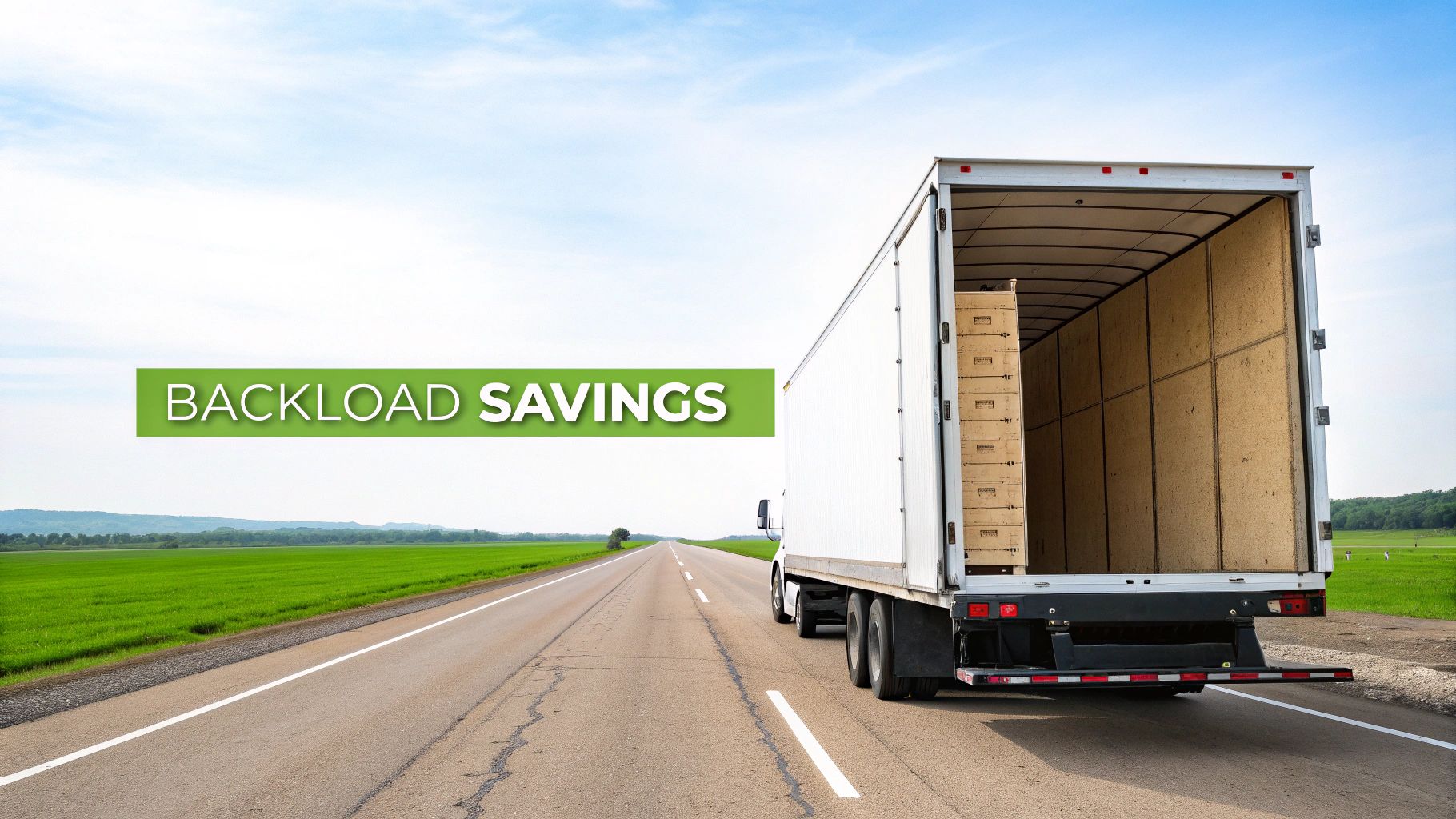 Semi-truck on highway with open cargo area showing stacked boxes, backload savings banner displayed
