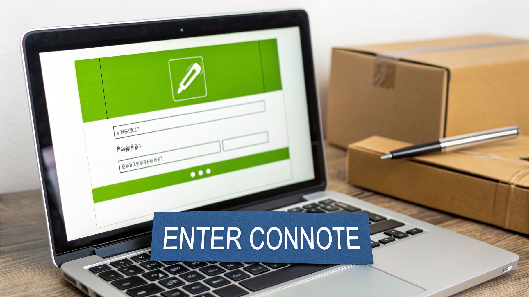A laptop with 'ENTER CONNOTE' banner on the keyboard, next to shipping boxes and a pen.