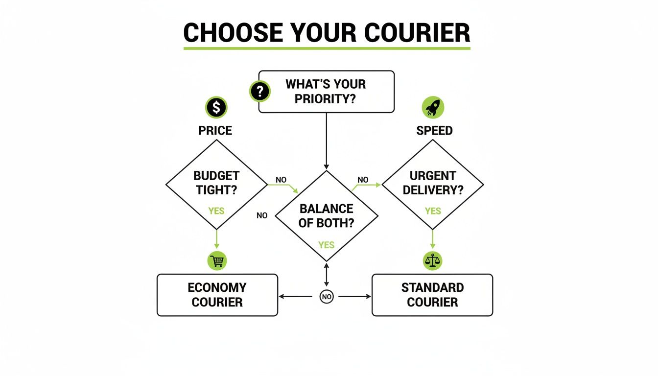 This flowchart helps users choose a courier service based on price, speed, or a balanced approach.