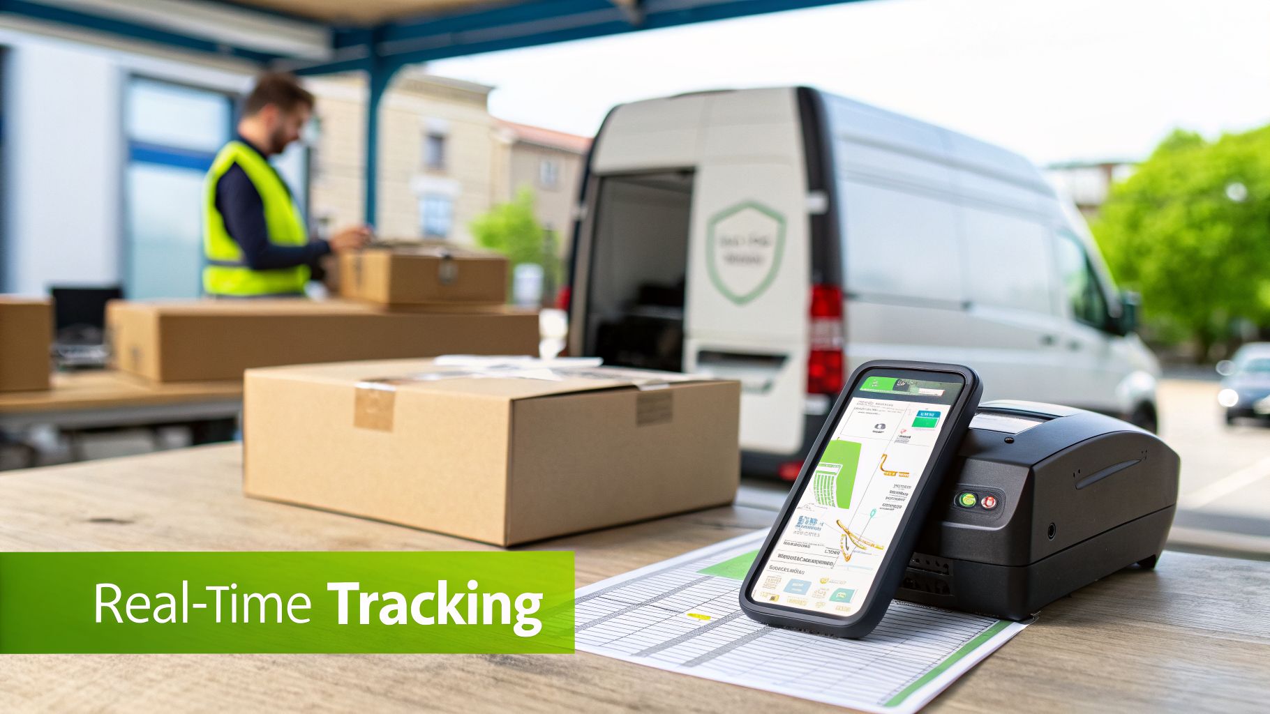 A delivery driver loads packages into a van, while a smartphone displays real-time tracking information.