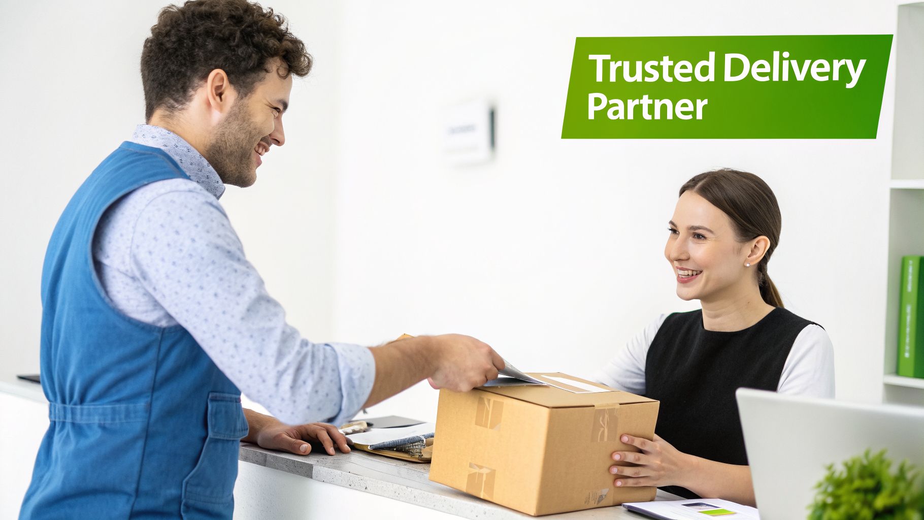 A friendly delivery driver exchanges a package and documents with a smiling customer service representative.
