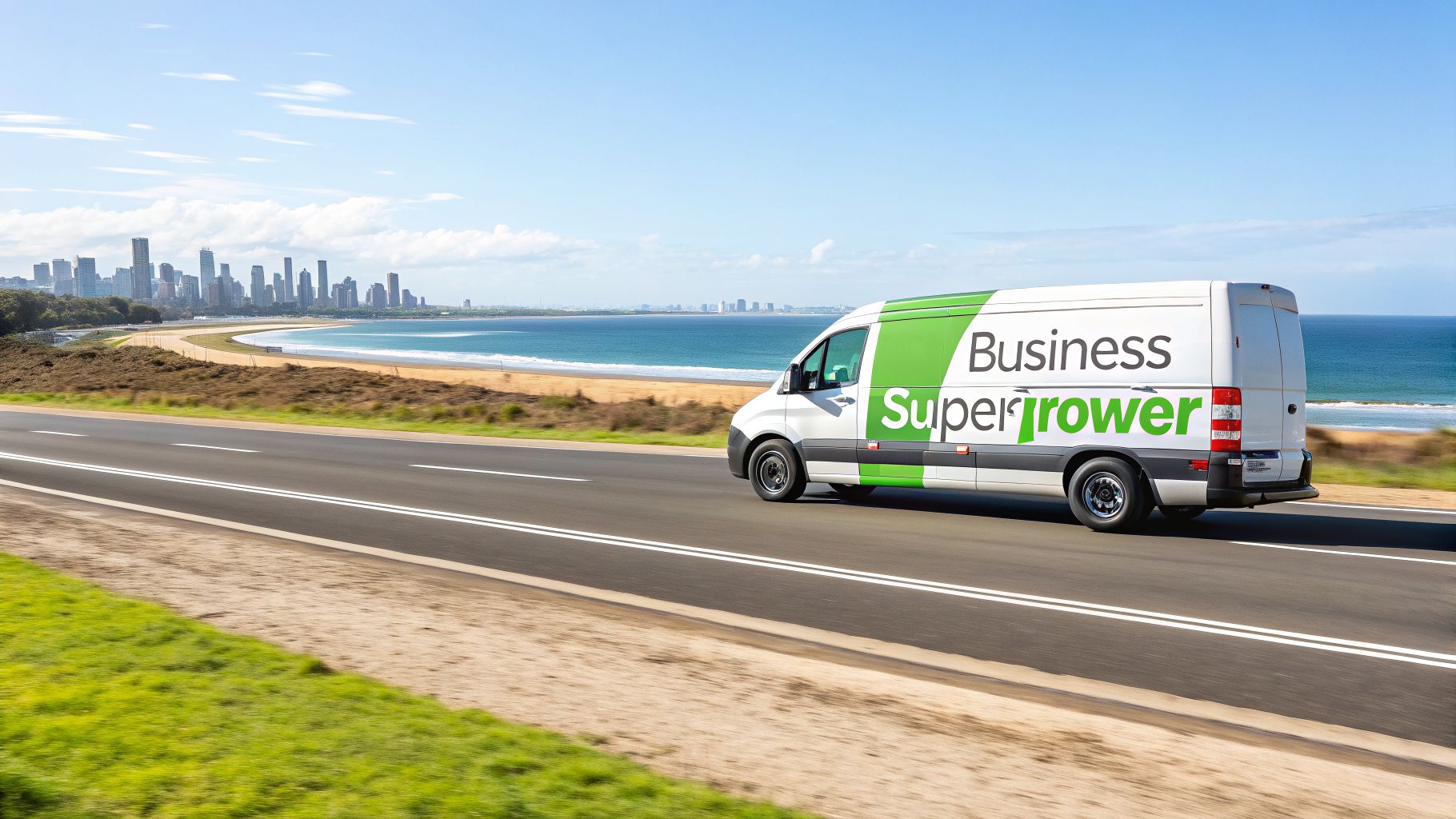 A fast-moving white and green delivery van on a coastal highway with a city skyline.