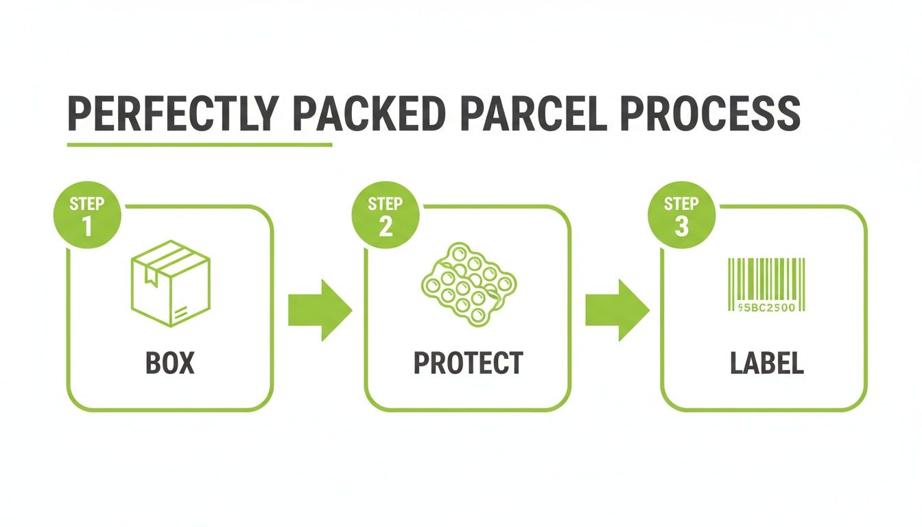 A three-step infographic showing the perfectly packed parcel process: box, protect, and label.