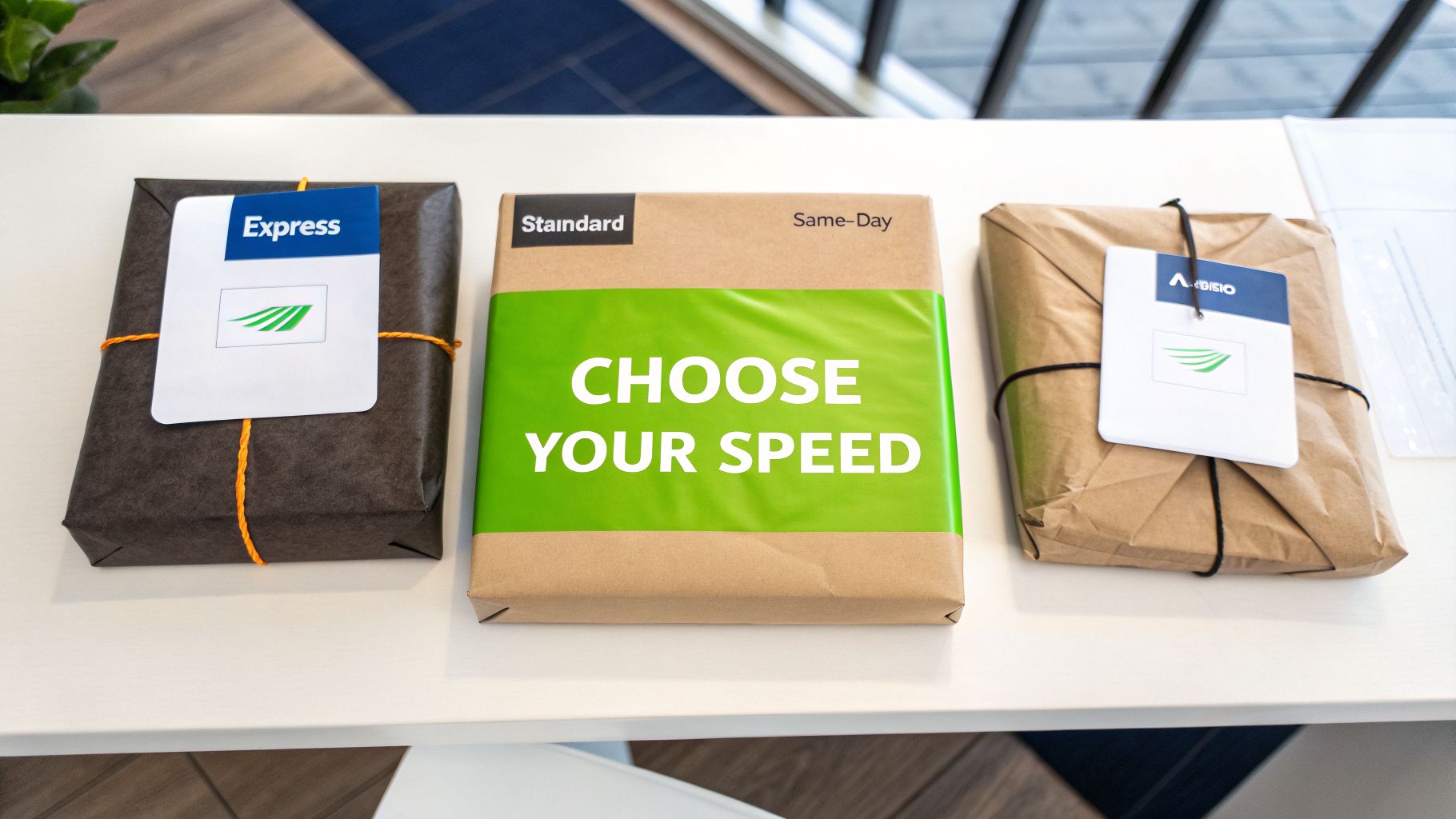 Three packages labeled 'Express,' 'Standard,' and 'Same-Day' illustrate different delivery speed options.