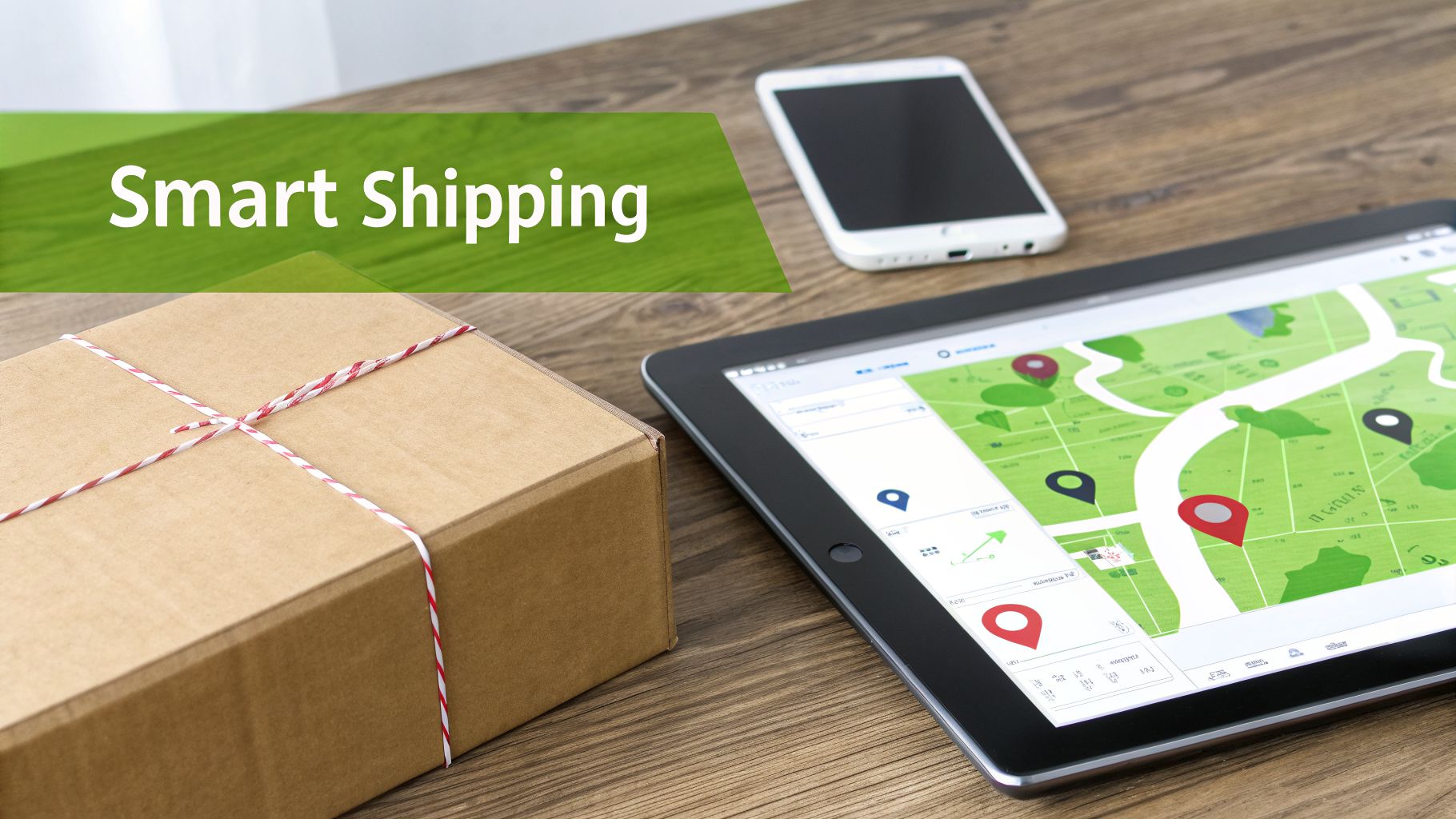 Smart Shipping banner with a package, a tablet showing a delivery map, and a smartphone.