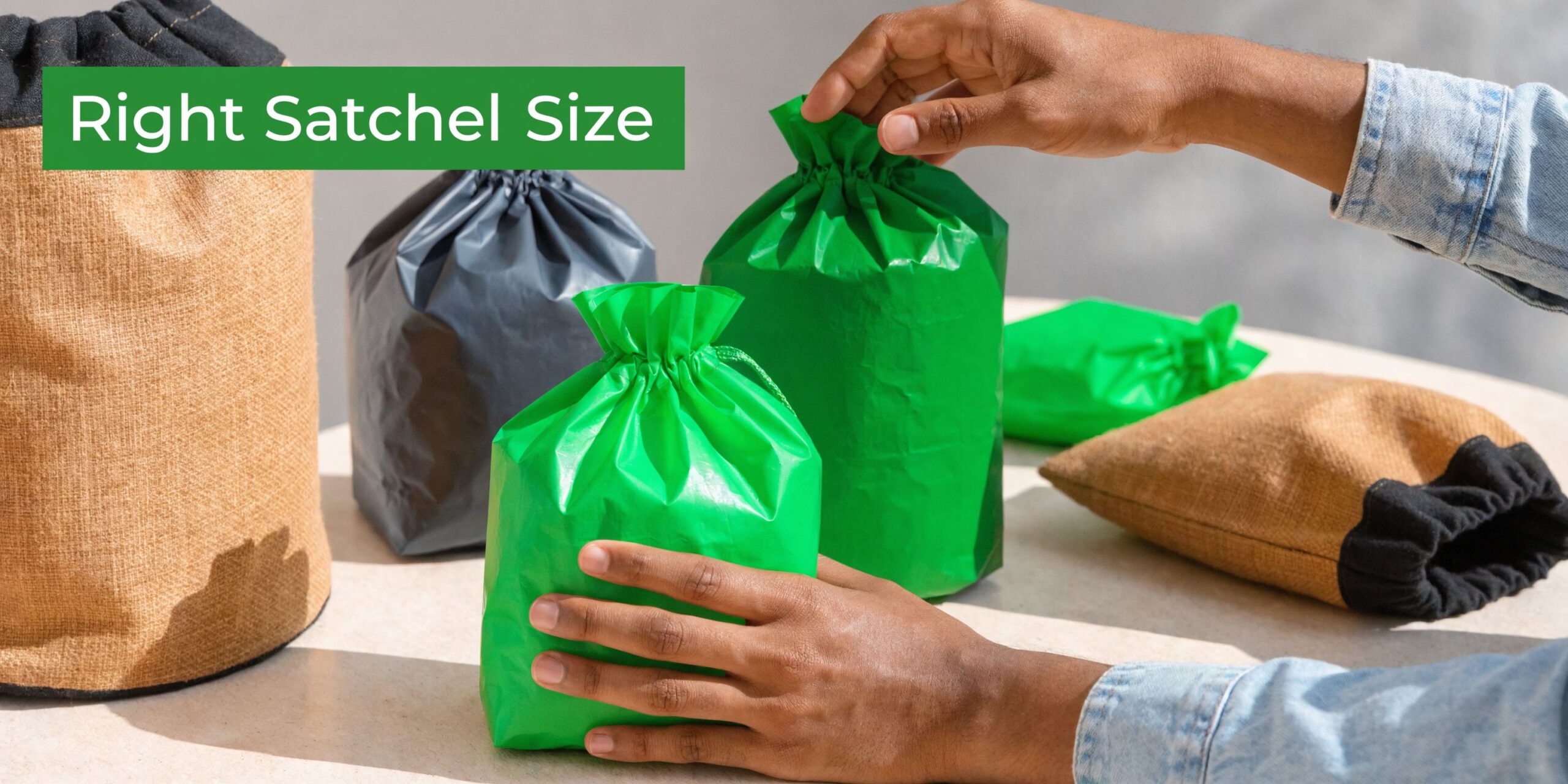 A person placing items into various sized colored satchels on a light colored tabletop for comparison.