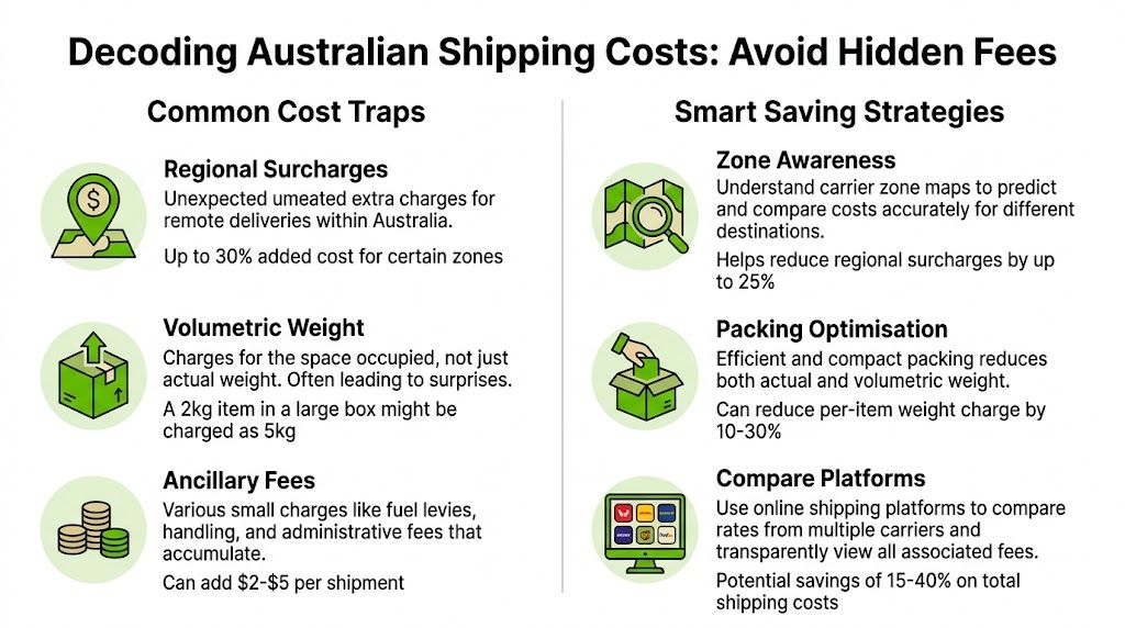 An infographic titled Decoding Australian Shipping Costs highlighting common cost traps and smart shipping saving strategies.