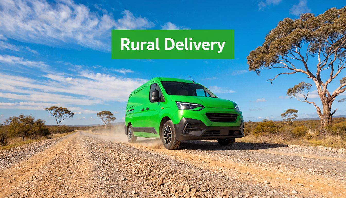 A vibrant green delivery van drives along a dusty rural dirt road under a sunny blue sky.