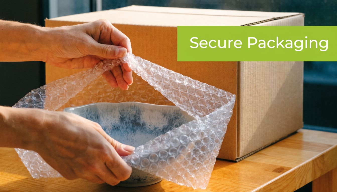 A person carefully wrapping a ceramic bowl in protective bubble wrap before placing it into a cardboard box.