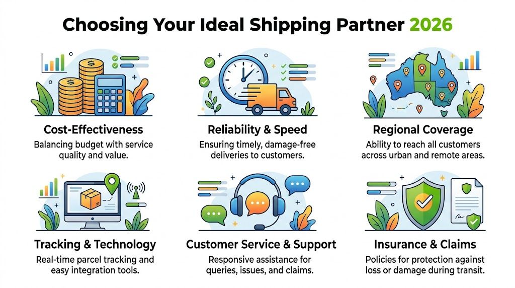 An infographic titled Choosing Your Ideal Shipping Partner 2026 outlining six key factors for Australian business logistics.
