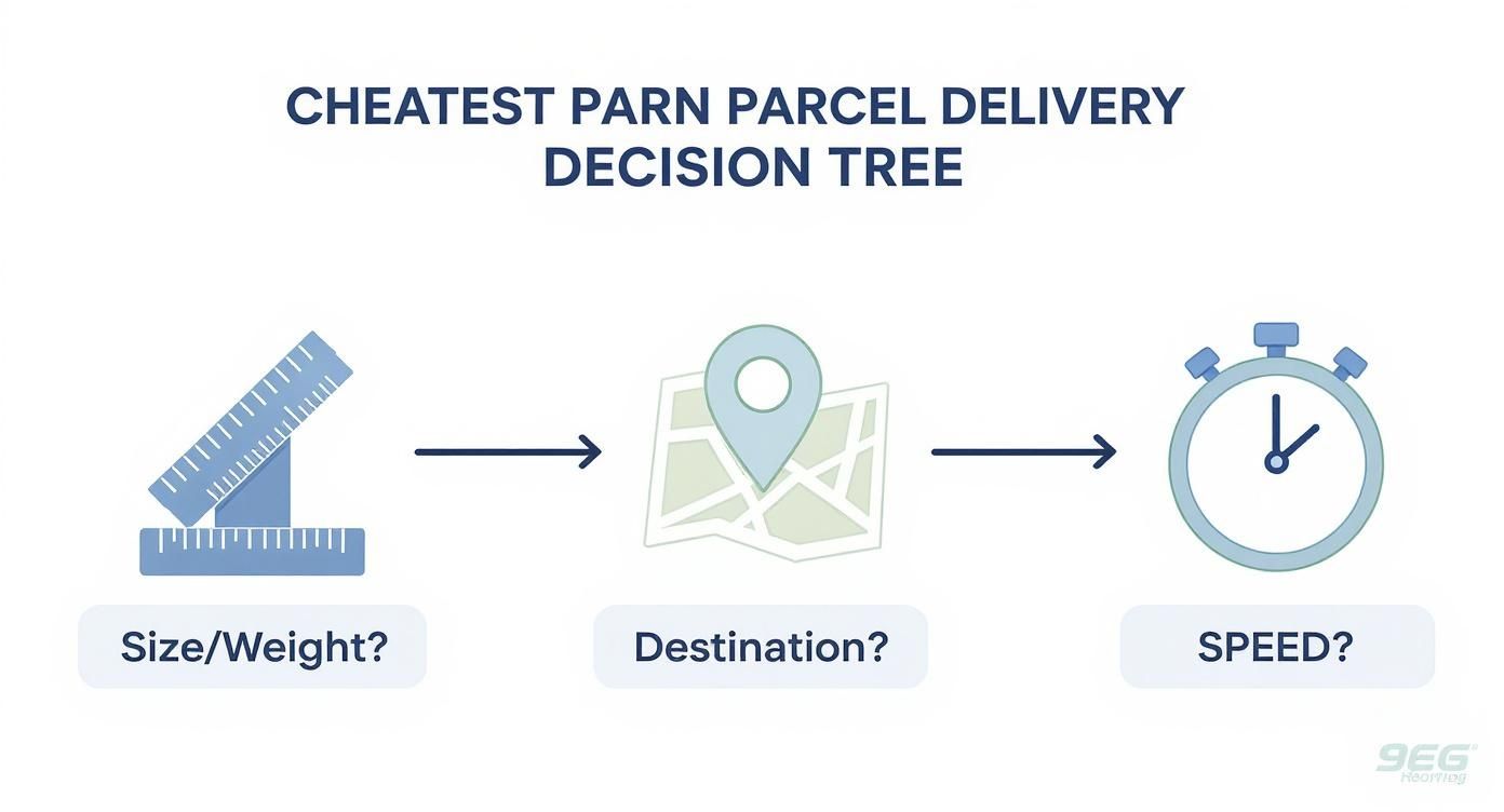 Decision tree for cheapest parcel delivery, illustrating factors like size/weight, destination, and speed.