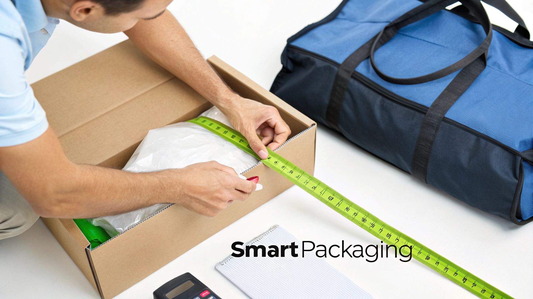 A person accurately measures items inside a cardboard box with a green tape measure for smart packaging.